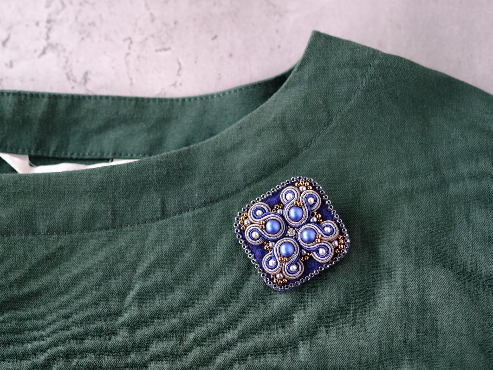 新色限定セット！秋色ネイビー まるしかくなブローチ耳飾りセット 送料無料/ソウタシエ刺繍/soutache | 2枚目