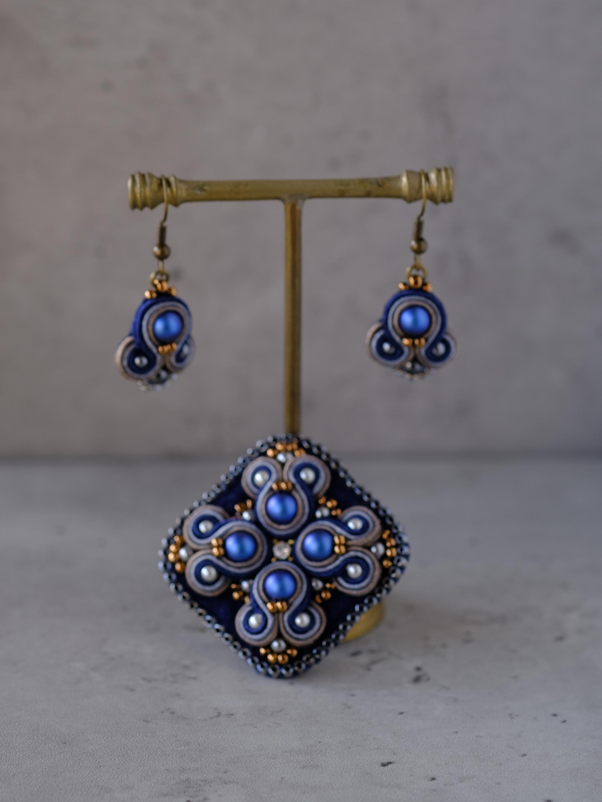 新色限定セット！秋色ネイビー まるしかくなブローチ耳飾りセット 送料無料/ソウタシエ刺繍/soutache | 4枚目