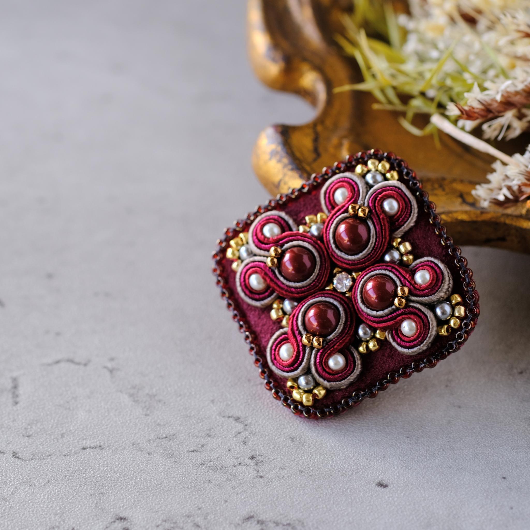 新色限定セット！秋色ボルドー まるしかくなブローチ耳飾りセット 送料無料/ソウタシエ刺繍/soutache | 3枚目